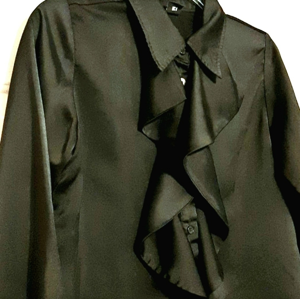 Black Ruffle Front Button-Up Blouse by K&K Fashion